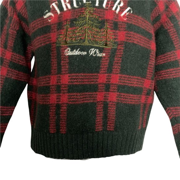 Structure Vintage 1990's 100% Wool Thick Plaid Embroidered Pullover Sweater XL - Picture 3 of 10